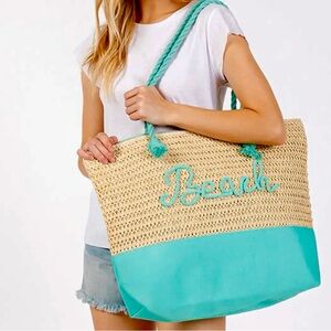 SOLD - “Beach” Letter Crochet and Fabric Tote w/Rope Handles